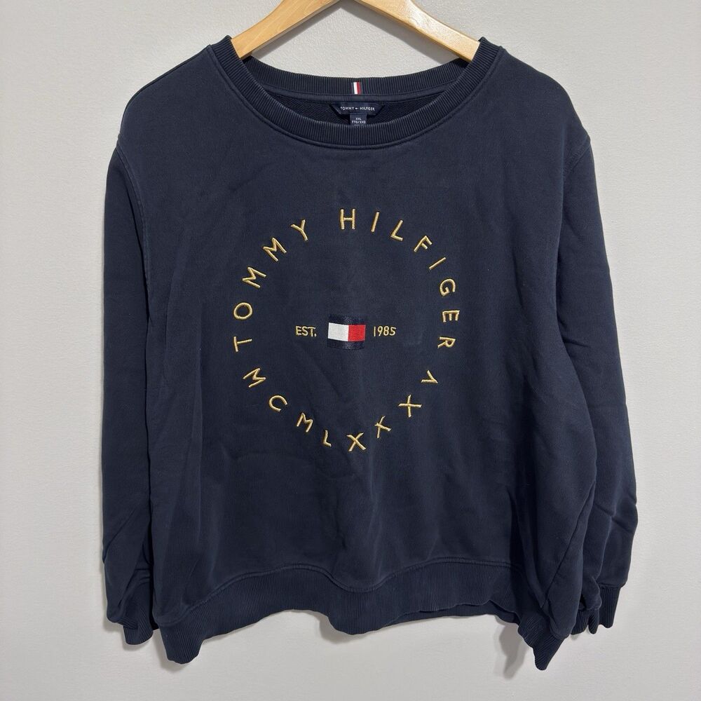 Vtg 90s Tommy Hilfiger Tommy Jeans Embroidered Crewneck Sweatshirt Size 2XL Navy